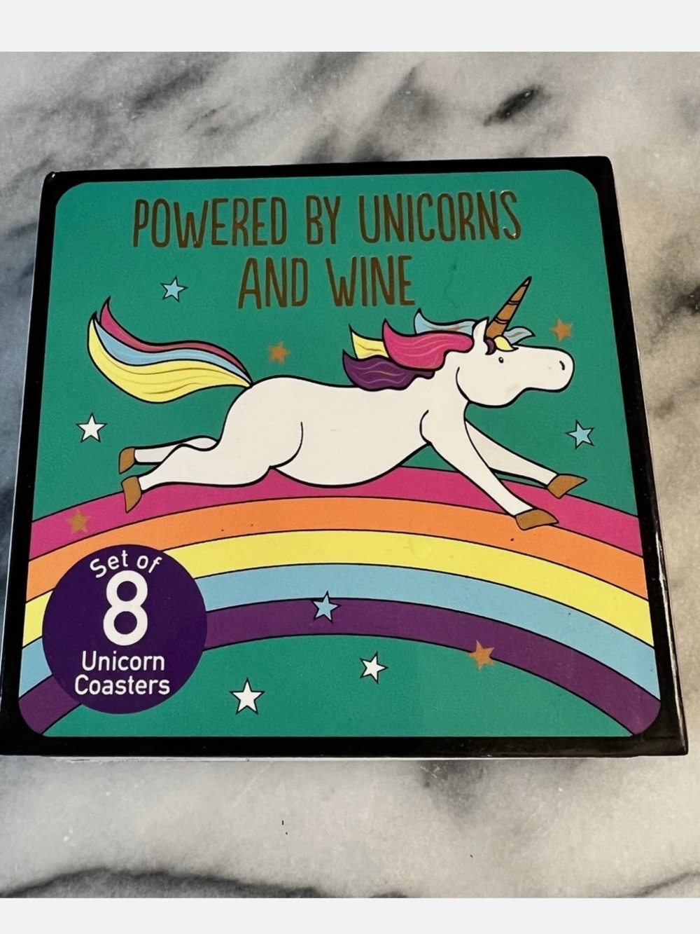 Powered By Unicorns And Wine Set Of 8 Unicorn Drink Coasters NEW